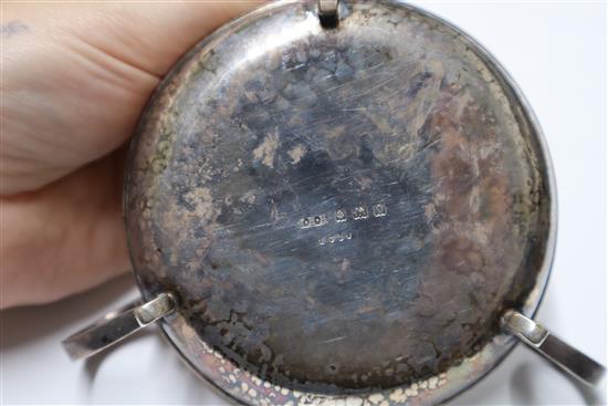A late Victorian silver tobacco box, a silver tri-handled dish and three other items including silver perpetual lighter lamp.